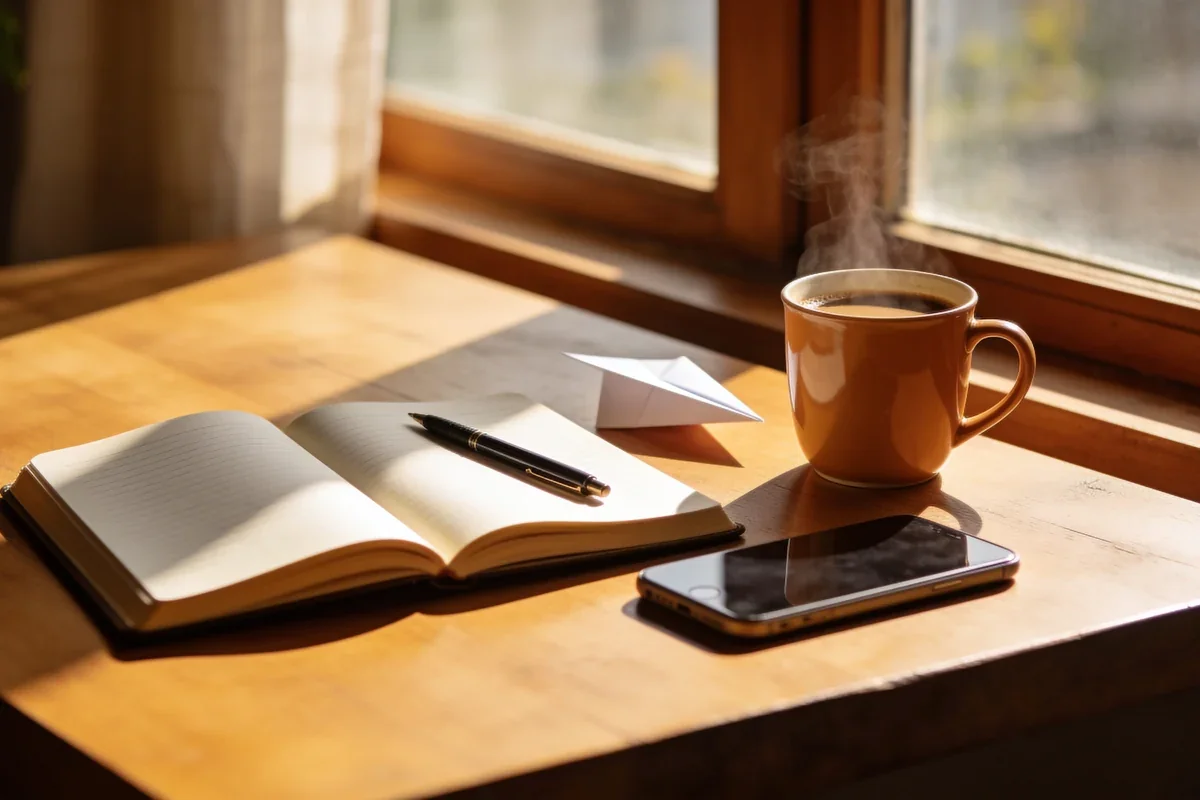 Mainit na tasa ng kape sa tabi ng notebook at telepono sa may bintana, tahimik at kalmado.
