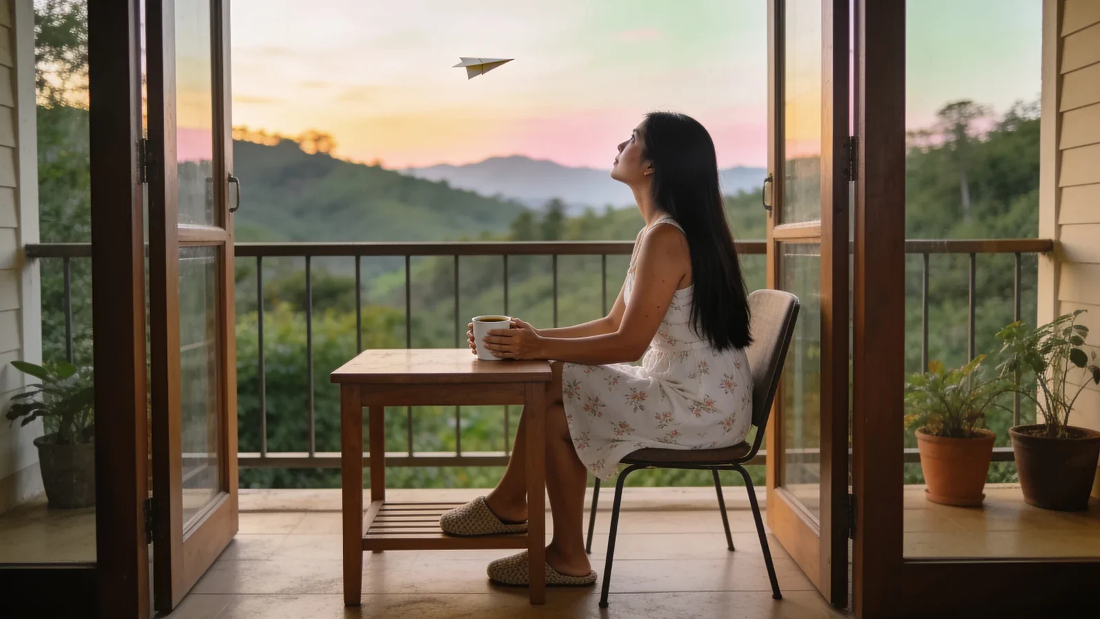 Pinay na umaasa habang nakatingin sa maliwanag na umaga, may paper plane na pataas.